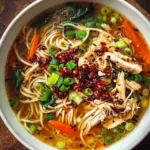 Aromatic bowl of Ginger Garlic Chicken Soup with noodles, garnished with herbs.