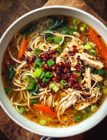 Aromatic bowl of Ginger Garlic Chicken Soup with noodles, garnished with herbs.