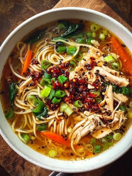 Aromatic bowl of Ginger Garlic Chicken Soup with noodles, garnished with herbs.