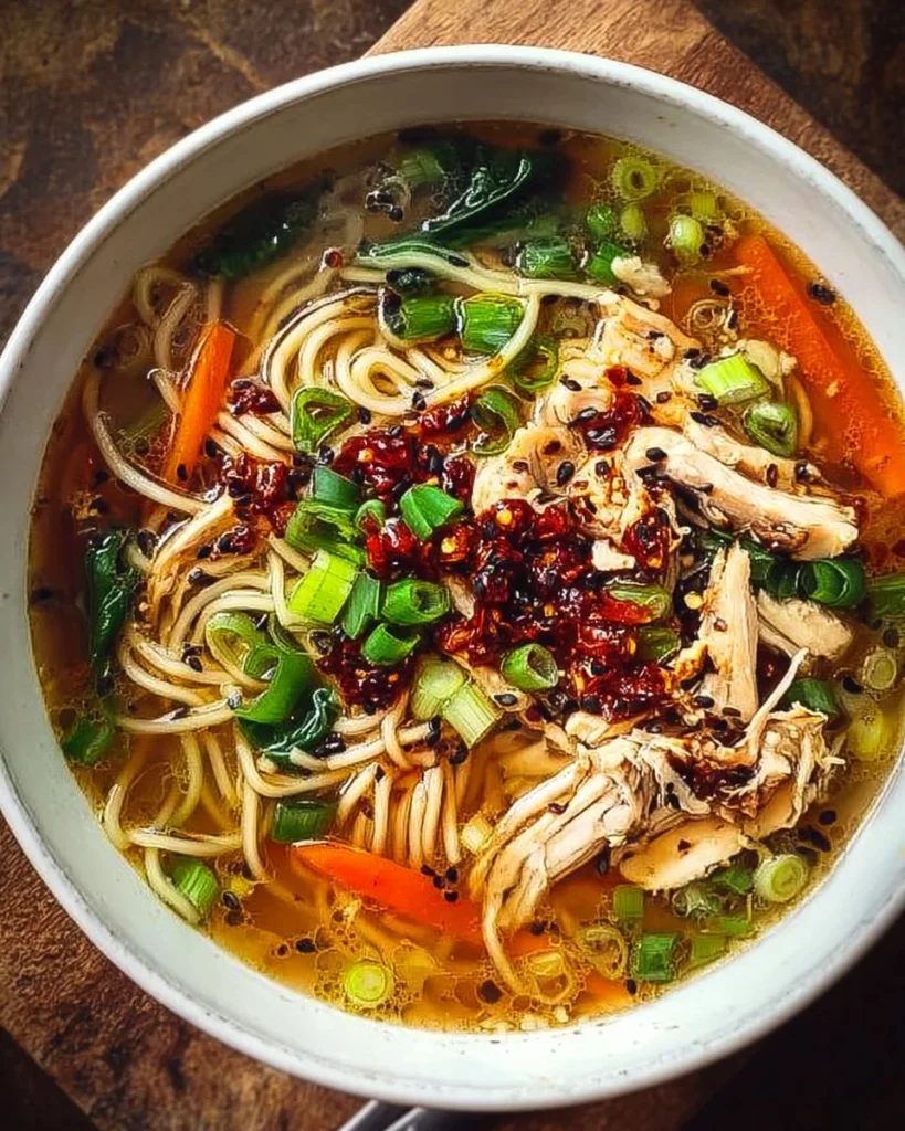 Aromatic bowl of Ginger Garlic Chicken Soup with noodles, garnished with herbs.