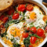 Baked feta eggs served with tomatoes and spinach in a rustic dish