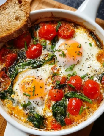 Baked feta eggs served with tomatoes and spinach in a rustic dish