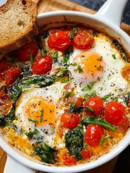 Baked feta eggs served with tomatoes and spinach in a rustic dish