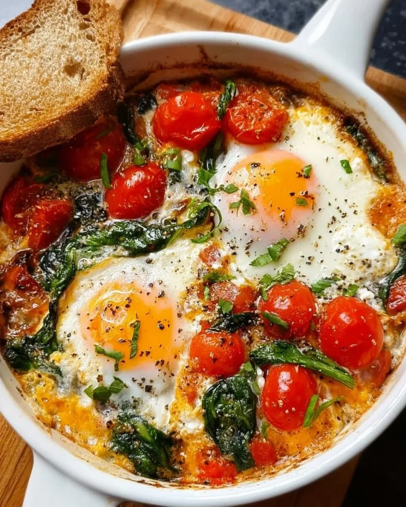 Baked feta eggs served with tomatoes and spinach in a rustic dish
