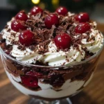 Delicious Black Forest Trifle with layers of chocolate, cream, and cherries for Christmas