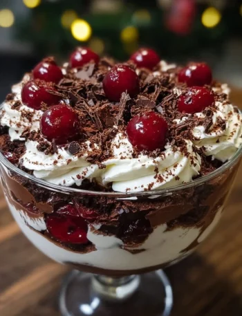 Delicious Black Forest Trifle with layers of chocolate, cream, and cherries for Christmas