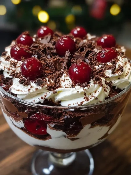 Delicious Black Forest Trifle with layers of chocolate, cream, and cherries for Christmas