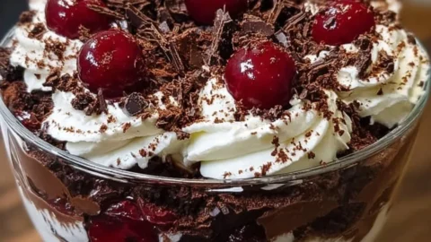 Delicious Black Forest Trifle with layers of chocolate, cream, and cherries for Christmas