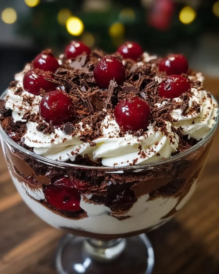 Delicious Black Forest Trifle with layers of chocolate, cream, and cherries for Christmas