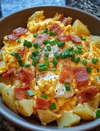Cheesy potato egg scramble in a skillet with herbs and cheese