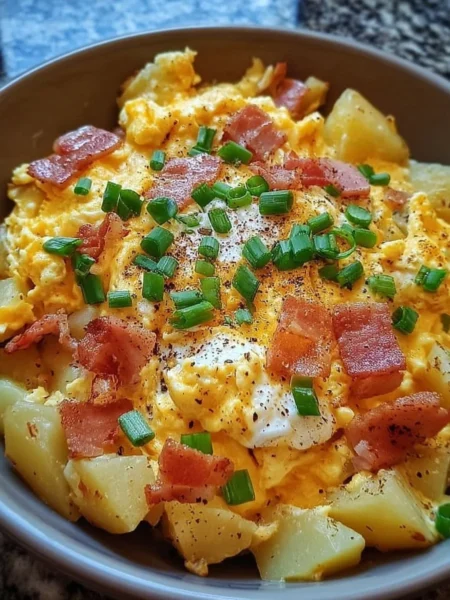 Cheesy potato egg scramble in a skillet with herbs and cheese
