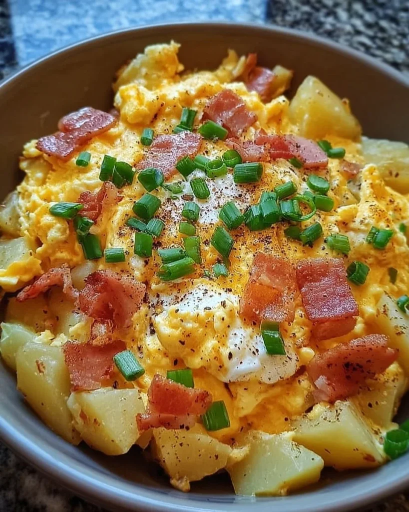 Cheesy potato egg scramble in a skillet with herbs and cheese