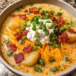 Bowl of comforting loaded baked potato soup topped with cheese and bacon