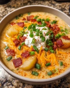 Bowl of comforting loaded baked potato soup topped with cheese and bacon