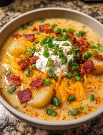 Bowl of comforting loaded baked potato soup topped with cheese and bacon