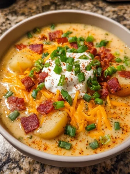 Bowl of comforting loaded baked potato soup topped with cheese and bacon