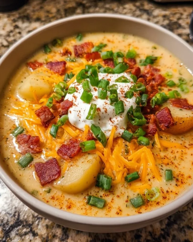 Bowl of comforting loaded baked potato soup topped with cheese and bacon
