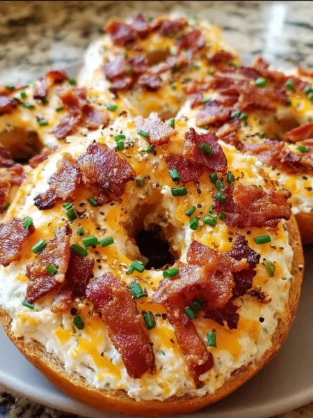 Creamy Bacon Cheddar Bagels with rich cheese and crispy bacon