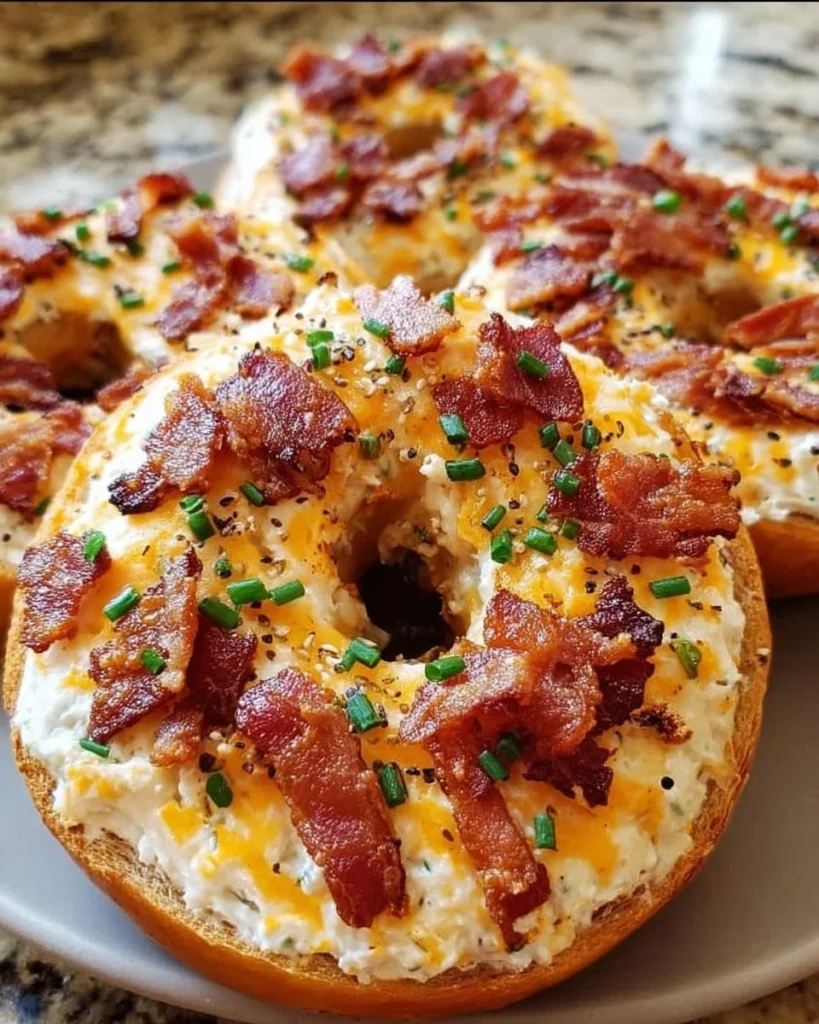 Creamy Bacon Cheddar Bagels with rich cheese and crispy bacon