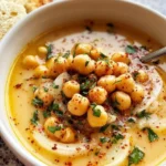 Bowl of delicious Garlic Chickpea Soup garnished with herbs