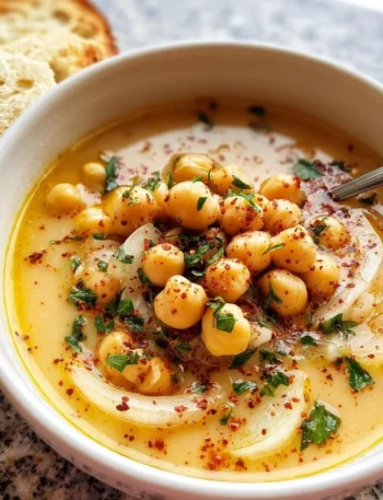 Bowl of delicious Garlic Chickpea Soup garnished with herbs