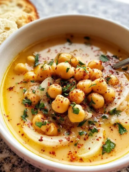Bowl of delicious Garlic Chickpea Soup garnished with herbs