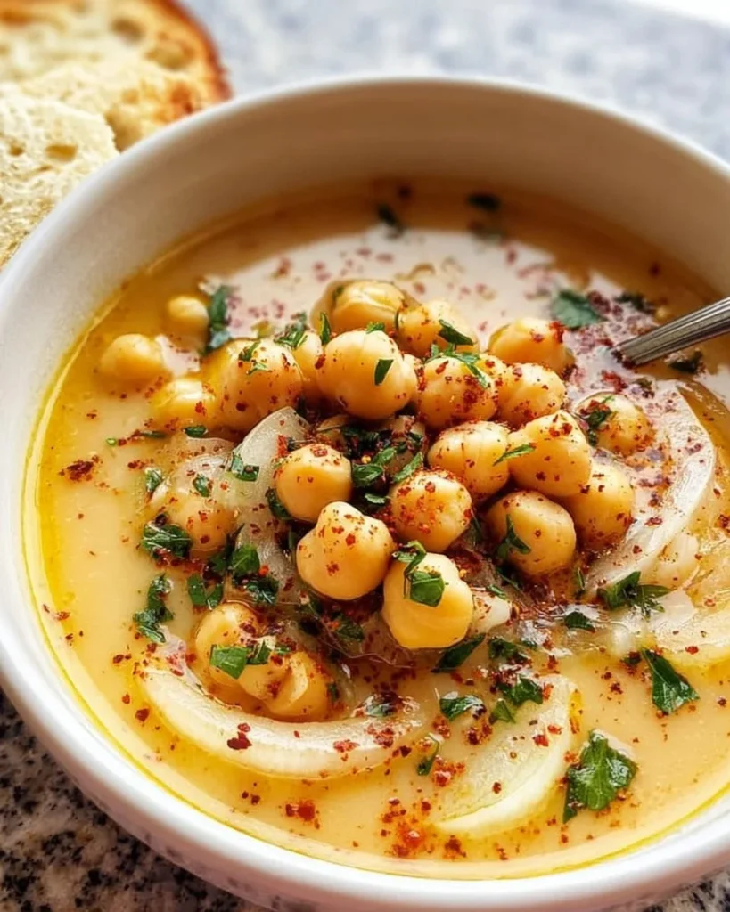 Bowl of delicious Garlic Chickpea Soup garnished with herbs