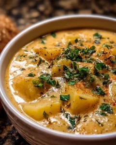 Bowl of hearty cheddar garlic herb potato soup topped with herbs and cheese