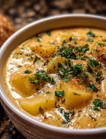 Bowl of hearty cheddar garlic herb potato soup topped with herbs and cheese