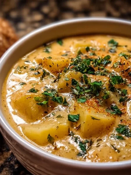 Bowl of hearty cheddar garlic herb potato soup topped with herbs and cheese