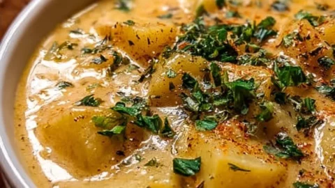 Bowl of hearty cheddar garlic herb potato soup topped with herbs and cheese