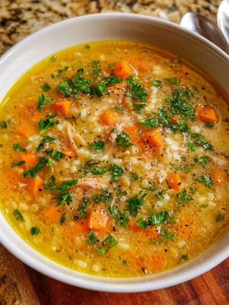 Bowl of Italian Penicillin Soup with herbs and vegetables
