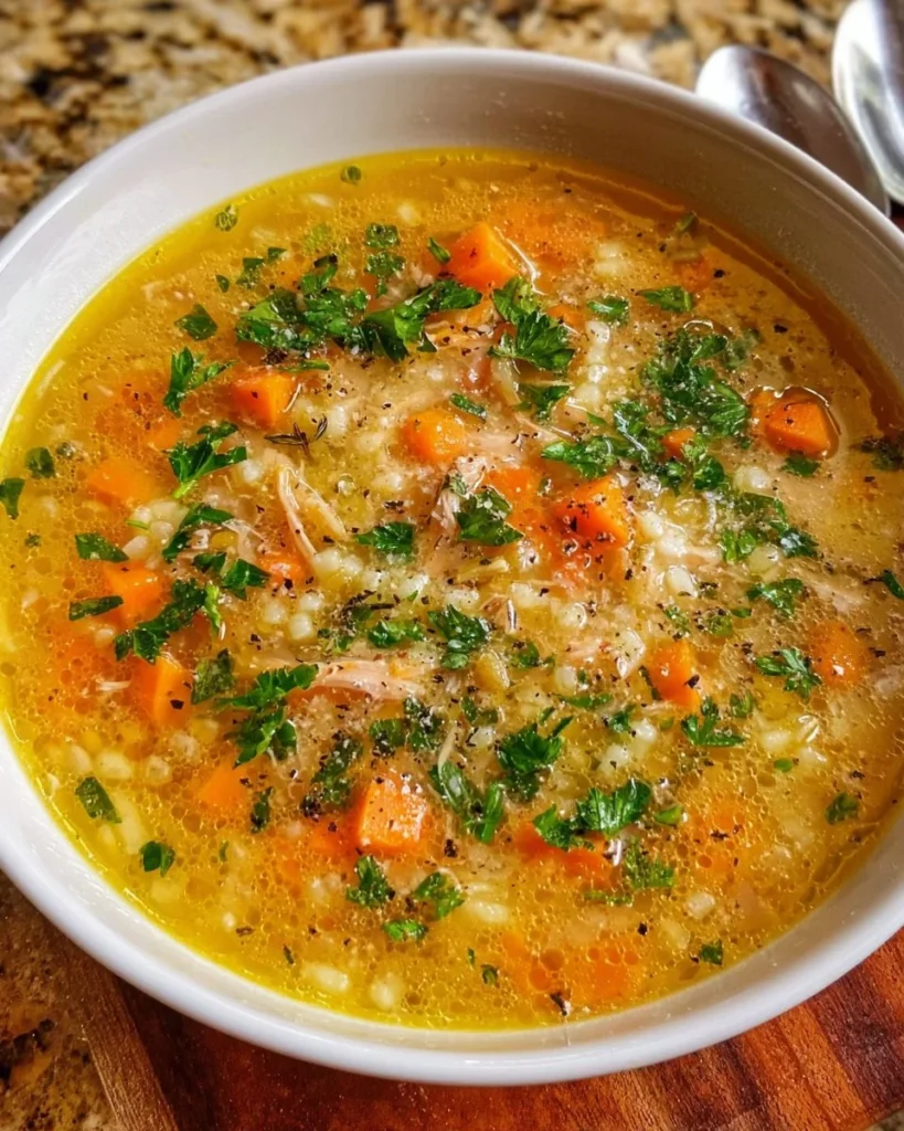 Bowl of Italian Penicillin Soup with herbs and vegetables