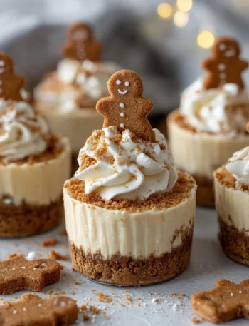 Delicious no-bake gingerbread cheesecake cups topped with festive decorations