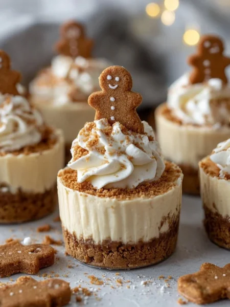 Delicious no-bake gingerbread cheesecake cups topped with festive decorations