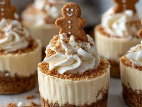 Delicious no-bake gingerbread cheesecake cups topped with festive decorations