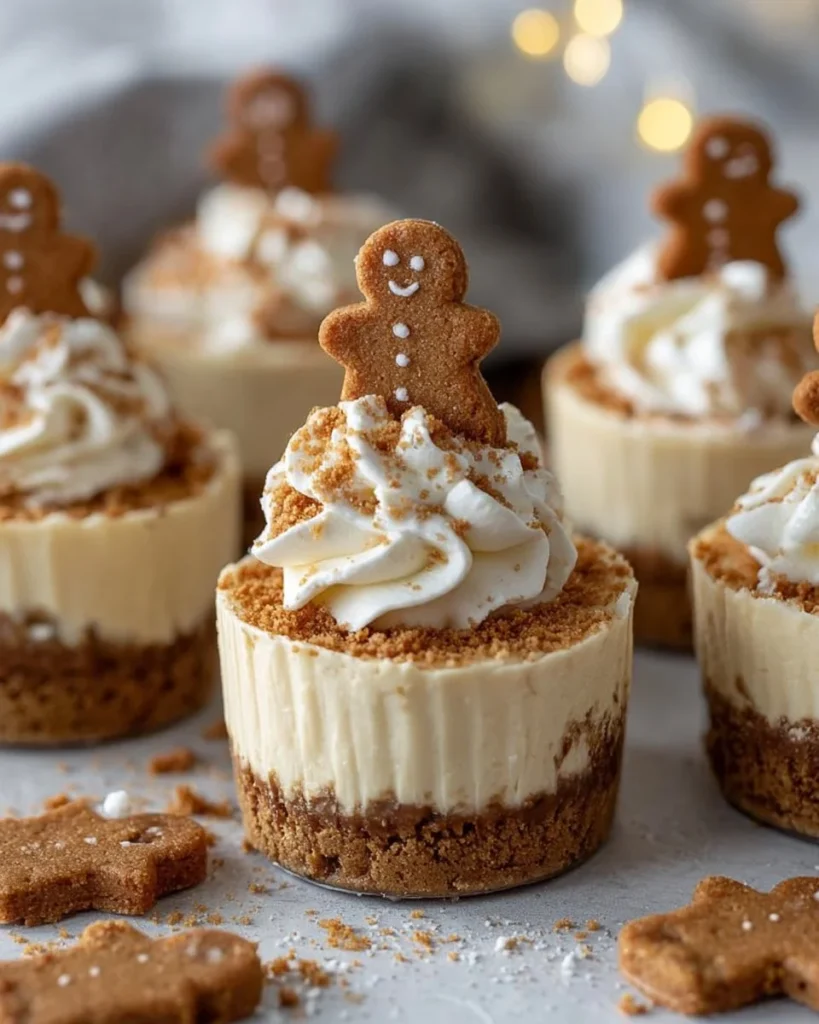 Delicious no-bake gingerbread cheesecake cups topped with festive decorations