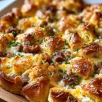 Delicious overnight croissant breakfast casserole served in a baking dish
