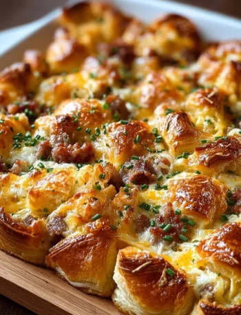 Delicious overnight croissant breakfast casserole served in a baking dish