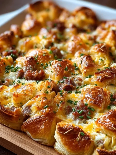 Delicious overnight croissant breakfast casserole served in a baking dish
