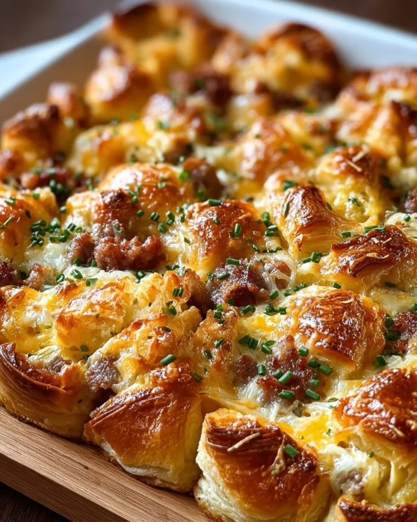 Delicious overnight croissant breakfast casserole served in a baking dish
