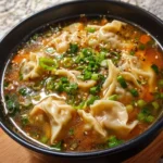 Bowl of delicious Potsticker Soup with dumplings and vegetables