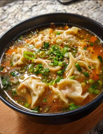 Bowl of delicious Potsticker Soup with dumplings and vegetables