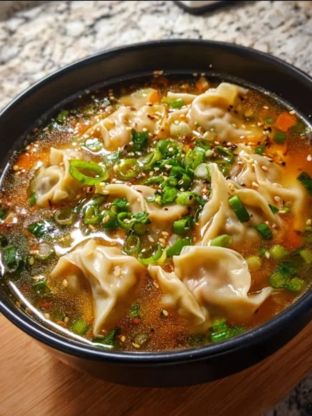 Bowl of delicious Potsticker Soup with dumplings and vegetables