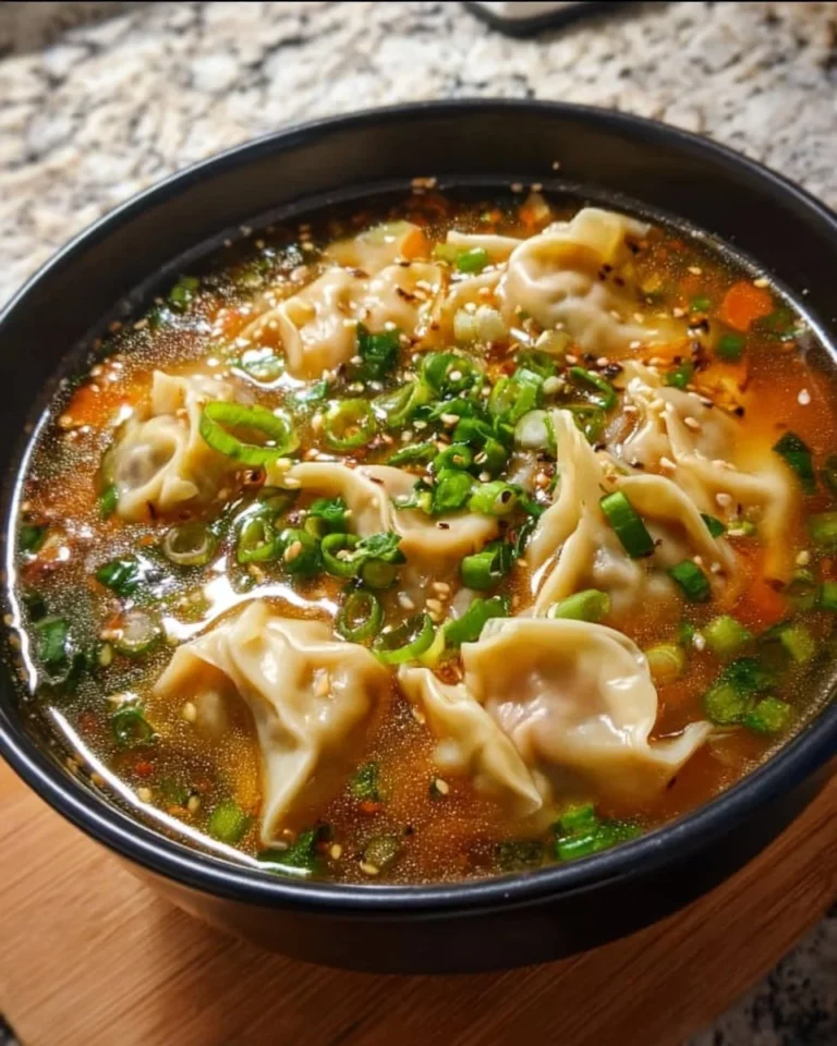 Bowl of delicious Potsticker Soup with dumplings and vegetables