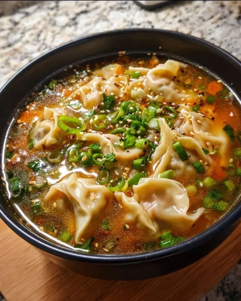 Bowl of delicious Potsticker Soup with dumplings and vegetables