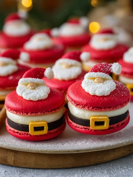 Colorful Santa Claus macarons decorated for the holiday season
