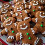 Soft and chewy gingerbread men cookies on a festive plate with decorations