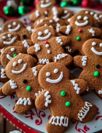 Soft and chewy gingerbread men cookies on a festive plate with decorations
