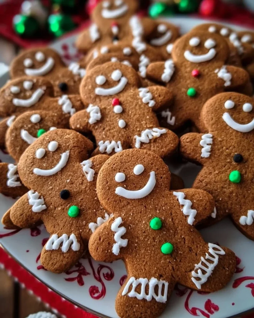 Soft and chewy gingerbread men cookies on a festive plate with decorations